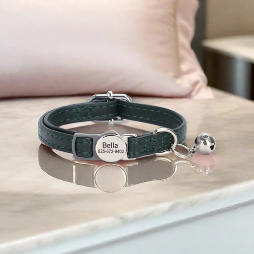 Personalized PU Leather Cat Collar with Quick-Release Buckle, Engraved