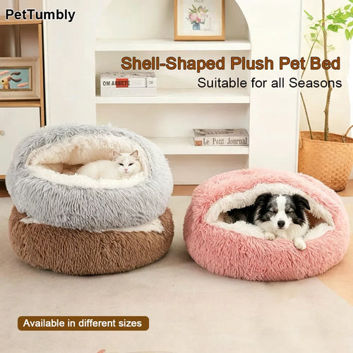 Cozy Shell-Shaped Plush Cat Bed, Warm Semi-Enclosed Nest for puppies