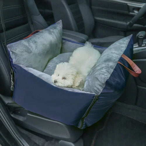 Plush Pet Car Seat Bed for Cats & Puppies with Safety Buckle and Strap