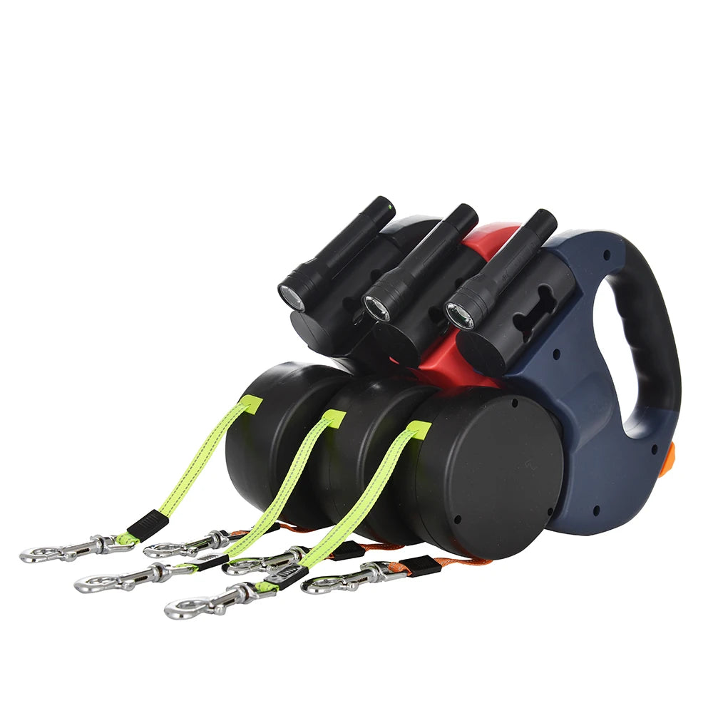 retractable double dog leash 3m reflective no-tangle with led lights