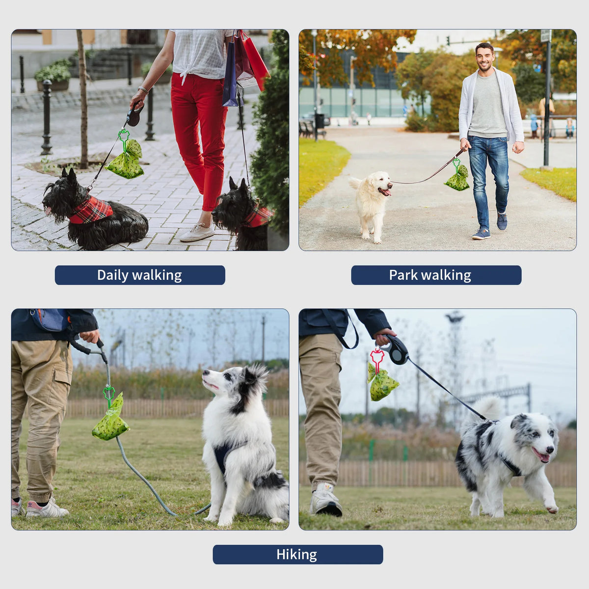 hands-free dog poop bag dispenser with adjustable leash clip holder