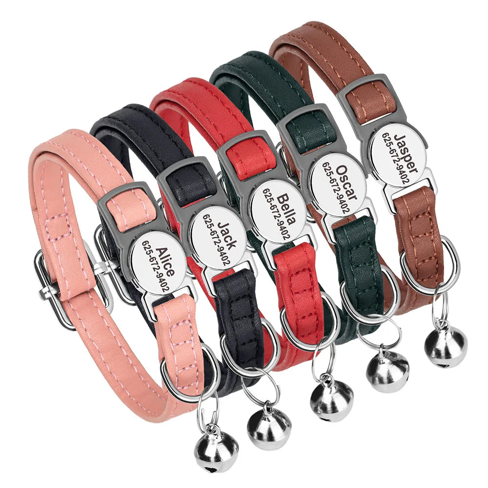 personalized pu leather cat collar with quick-release buckle, engraved