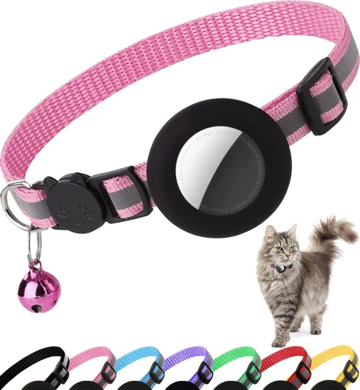 reflective cat collar with bell - breakaway airtag holder for cats