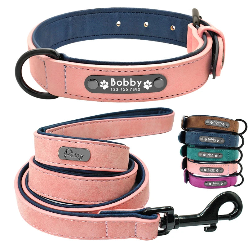 personalized leather dog collar & leash set - soft, padded, durable