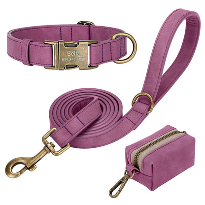 Personalized Vintage PU Leather Dog Collar & Leash Set with Poop Bag