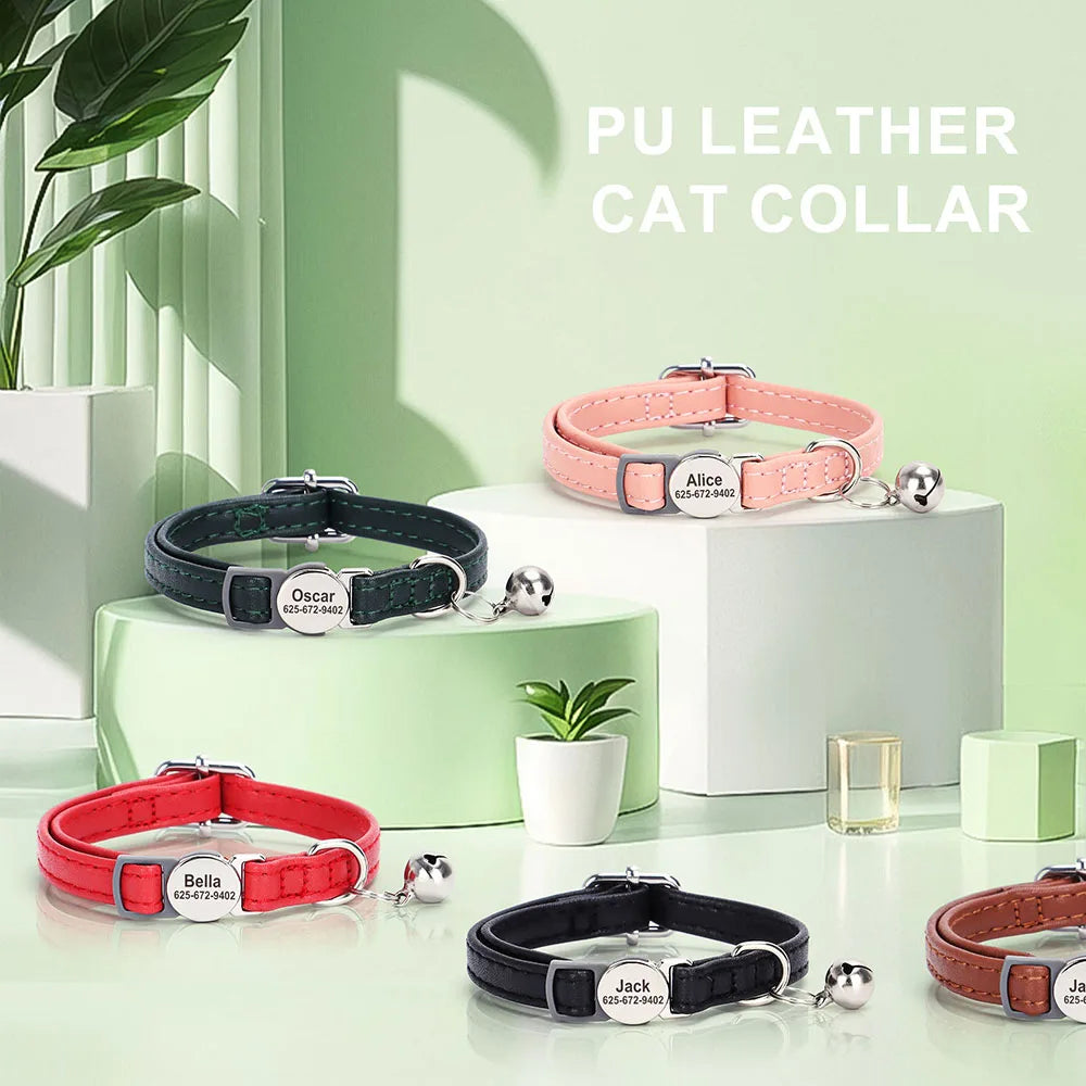personalized pu leather cat collar with quick-release buckle, engraved