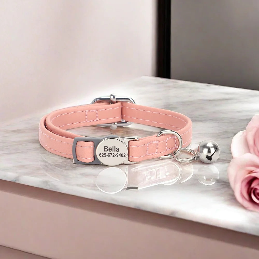 personalized pu leather cat collar with quick-release buckle, engraved