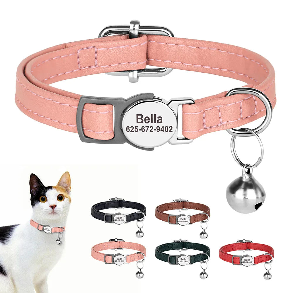 personalized pu leather cat collar with quick-release buckle, engraved