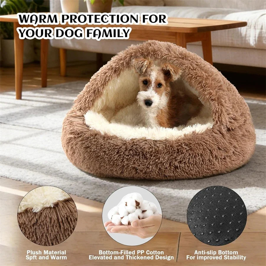cozy shell-shaped plush cat bed, warm semi-enclosed nest for puppies