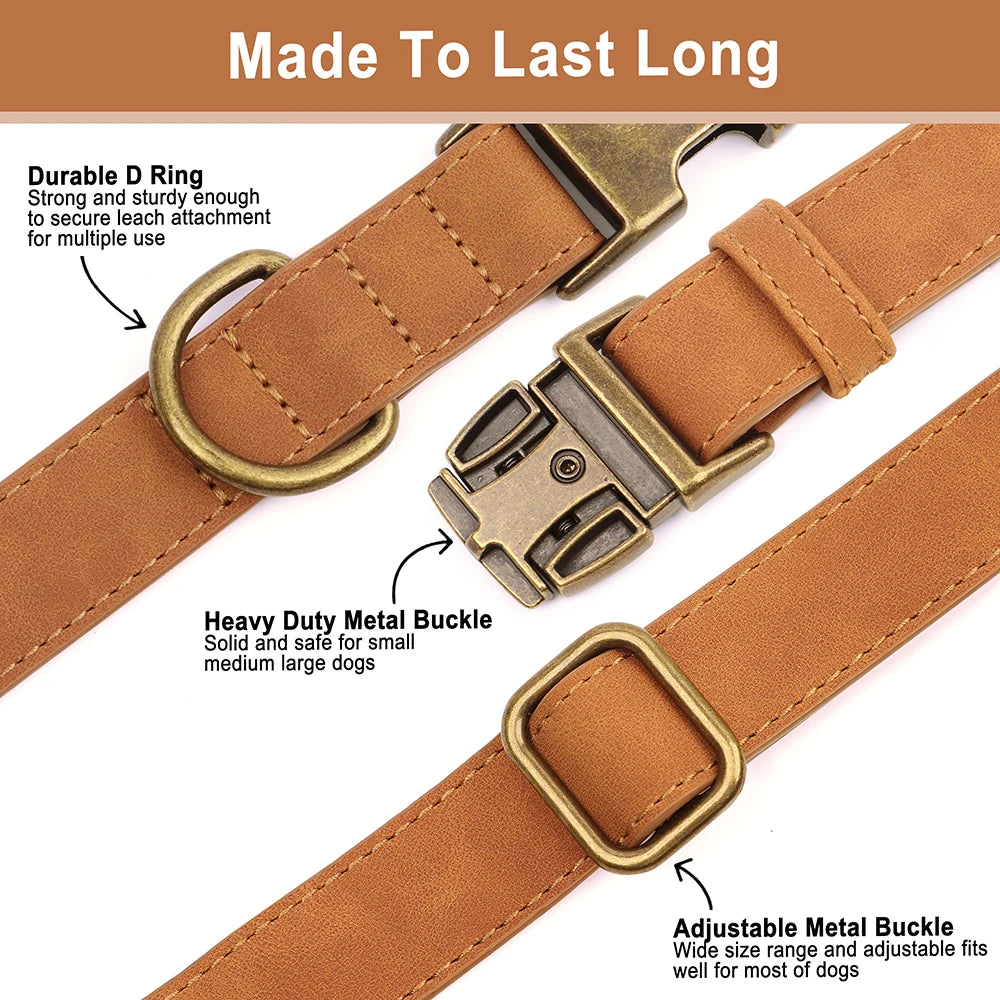 personalized vintage pu leather dog collar & leash set with poop bag