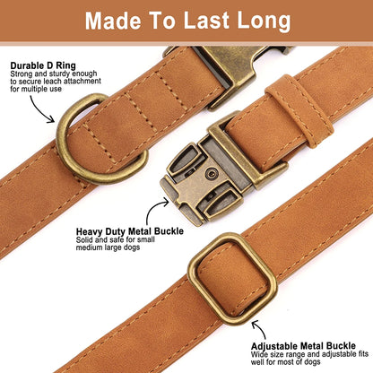Personalized Vintage PU Leather Dog Collar & Leash Set with Poop Bag