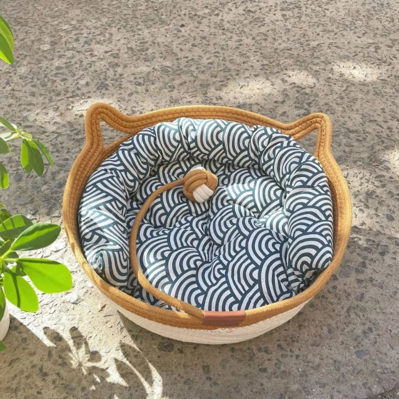 four seasons woven cat bed – breathable rattan cat nest