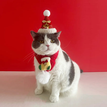 Soft Red Christmas Cat Hat and Scarf with Adjustable Chin Strap