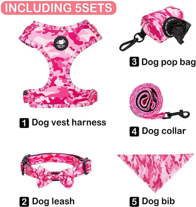 6-in-1 Dog Harness Set with Leed, Collar, Bandana & Poop Bag Holder