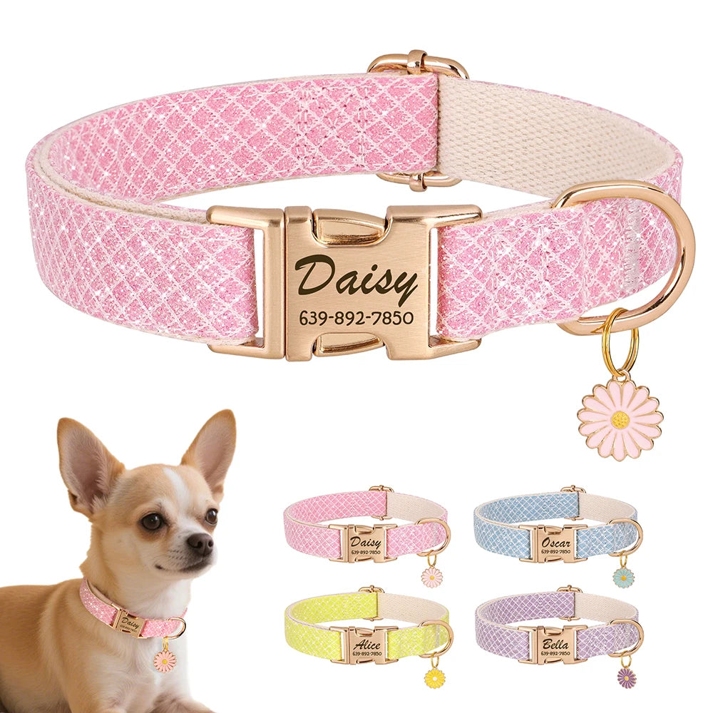 personalized bling dog collar - free engraved id tag & flower charm
