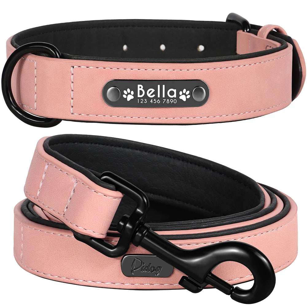 personalized leather dog collar & leash set - soft, padded, durable