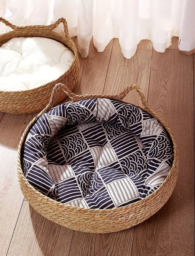 four seasons woven cat bed – breathable rattan cat nest