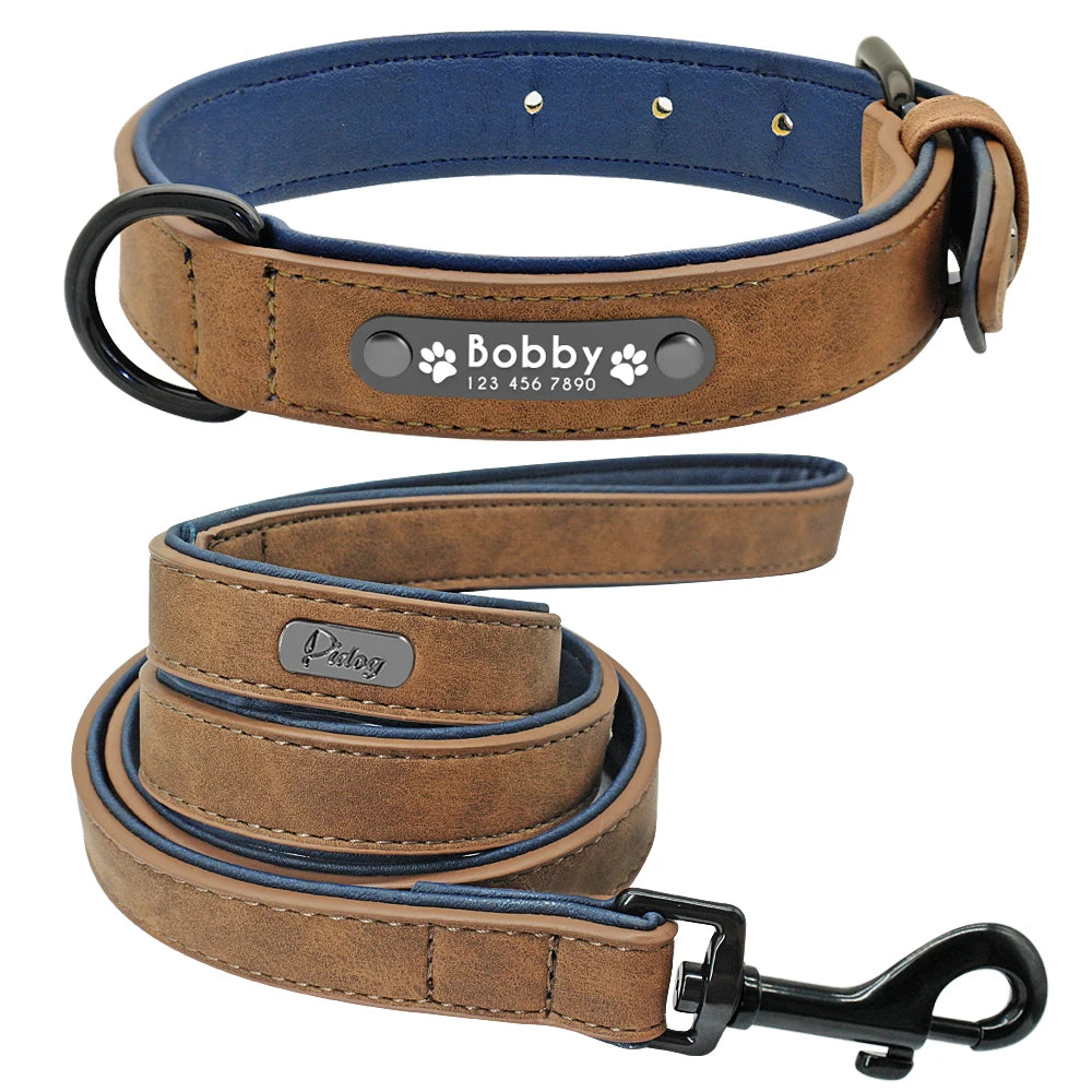 personalized leather dog collar & leash set - soft, padded, durable