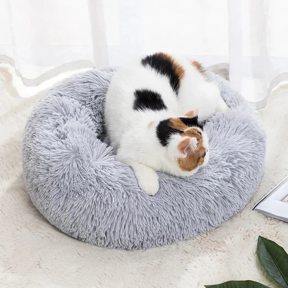 round plush dog bed, warm non-slip washable bed for dogs & small cats