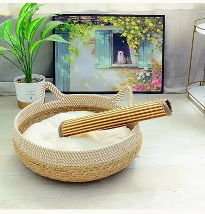 Woven Rattan Cat Bed – Breathable Summer Scratch-Resistant Nest