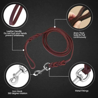 Genuine Leather Braided Dog Leash for Medium and Large Dog Breeds
