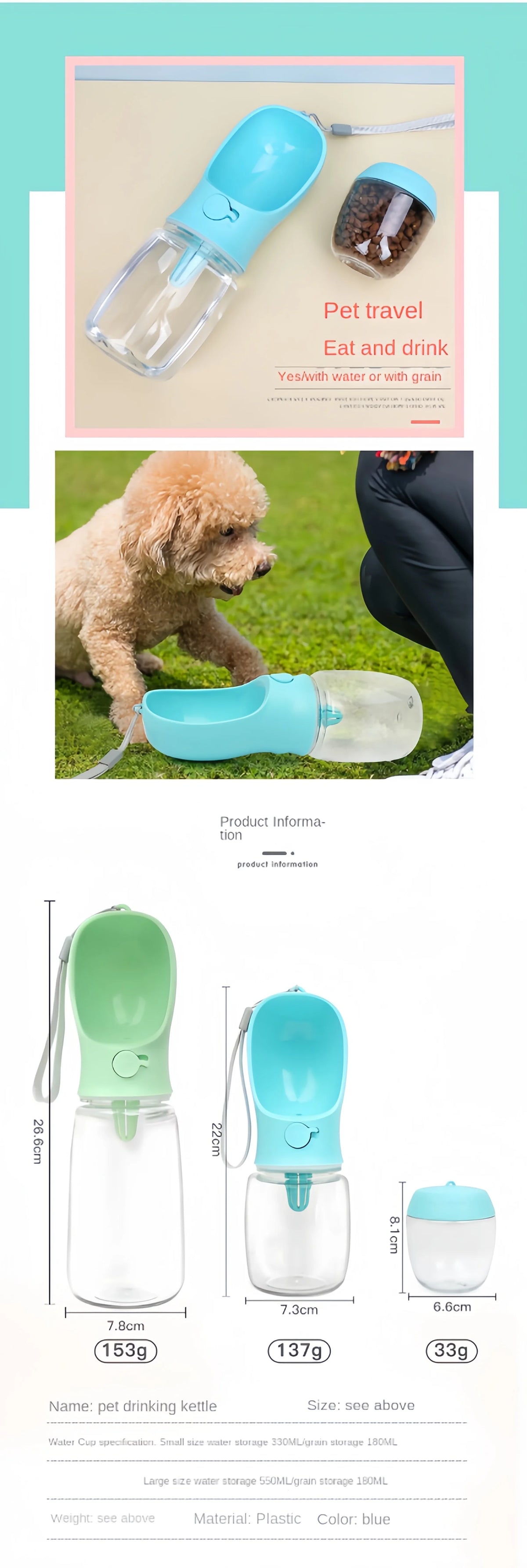 portable pet water bottle with food dispenser – travel cup