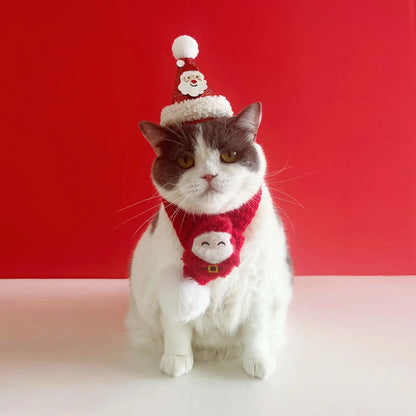 Soft Red Christmas Cat Hat and Scarf with Adjustable Chin Strap