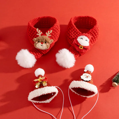Soft Red Christmas Cat Hat and Scarf with Adjustable Chin Strap