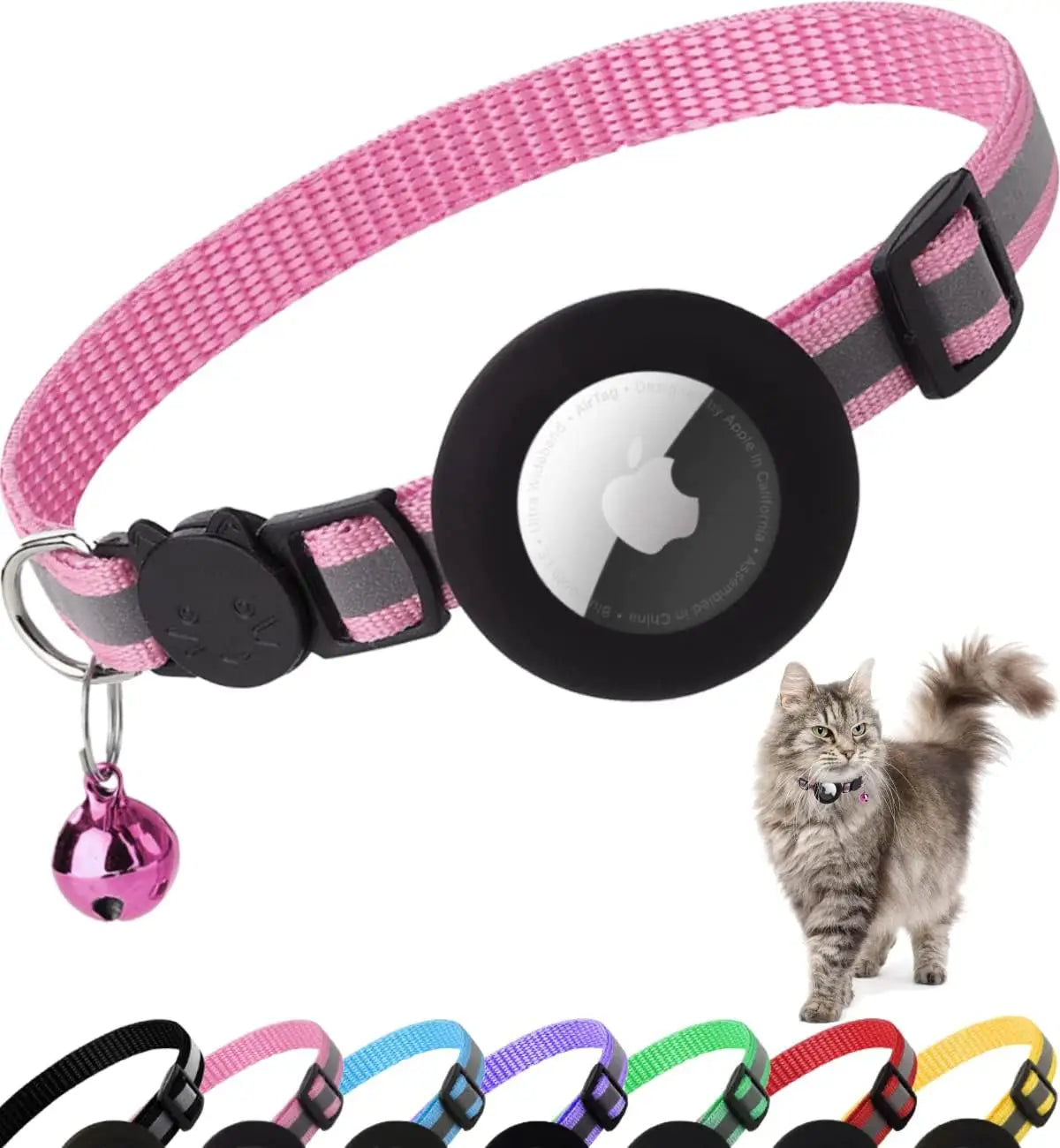 reflective cat collar with bell - breakaway airtag holder for cats