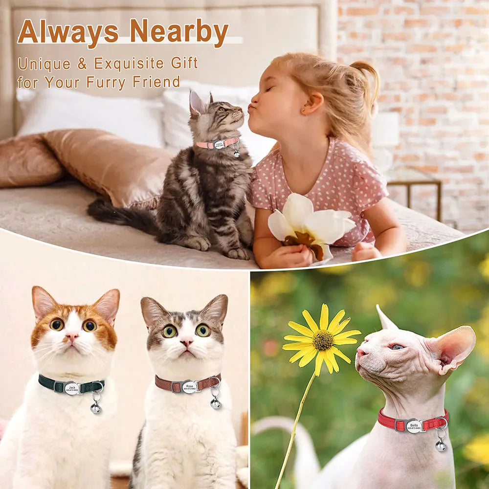 personalized pu leather cat collar with quick-release buckle, engraved
