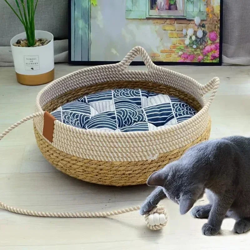 woven rattan cat bed – breathable summer scratch-resistant nest