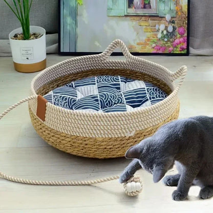Woven Rattan Cat Bed – Breathable Summer Scratch-Resistant Nest