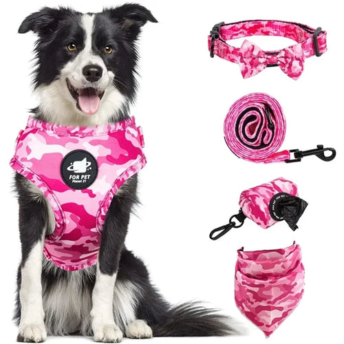6-in-1 Dog Harness Set with Leed, Collar, Bandana & Poop Bag Holder
