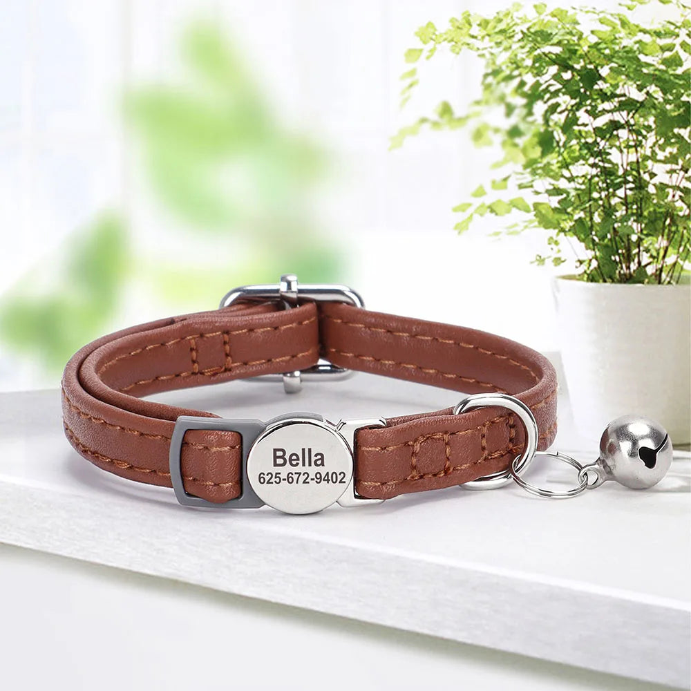 personalized pu leather cat collar with quick-release buckle, engraved