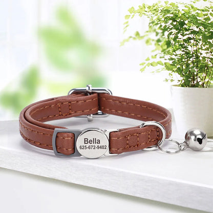 Personalized PU Leather Cat Collar with Quick-Release Buckle, Engraved