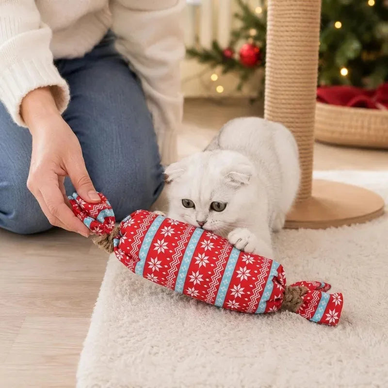 christmas candy cat toy with crinkle paper plush chew toy for kittens