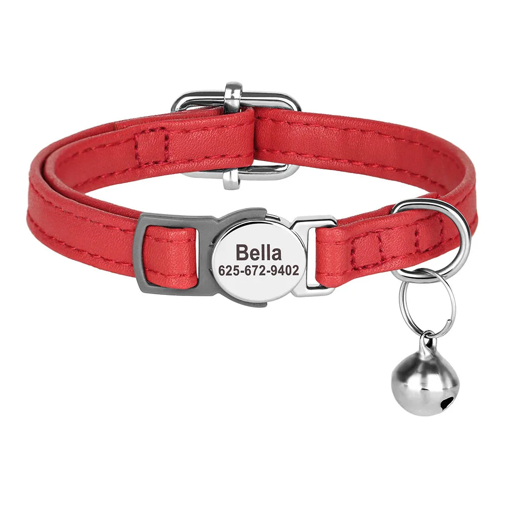 personalized pu leather cat collar with quick-release buckle, engraved