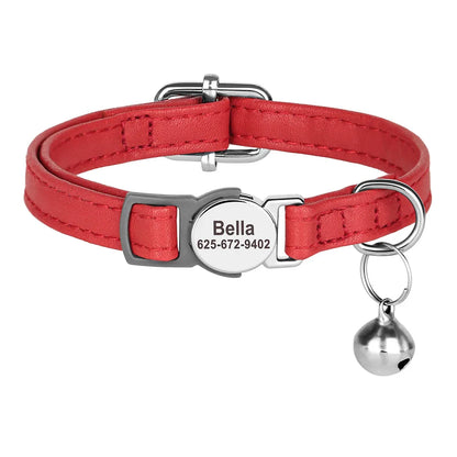 Personalized PU Leather Cat Collar with Quick-Release Buckle, Engraved