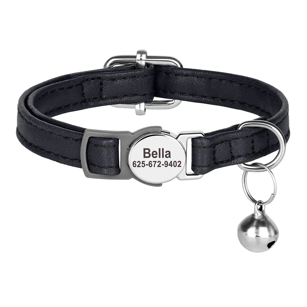 personalized pu leather cat collar with quick-release buckle, engraved