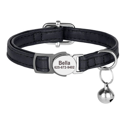 Personalized PU Leather Cat Collar with Quick-Release Buckle, Engraved