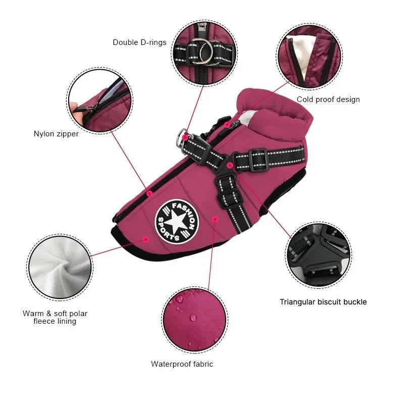 winter dog jacket with built-in harness – warm splash-proof coat