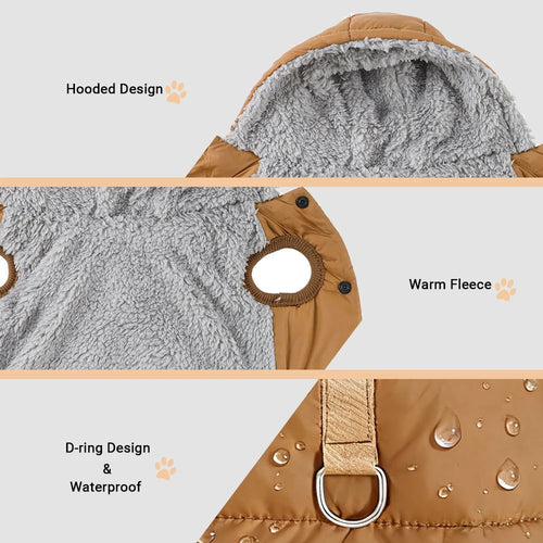 Warm Fleece Hooded Cat and Puppy Jacket with D-Ring Windproof Waterproof
