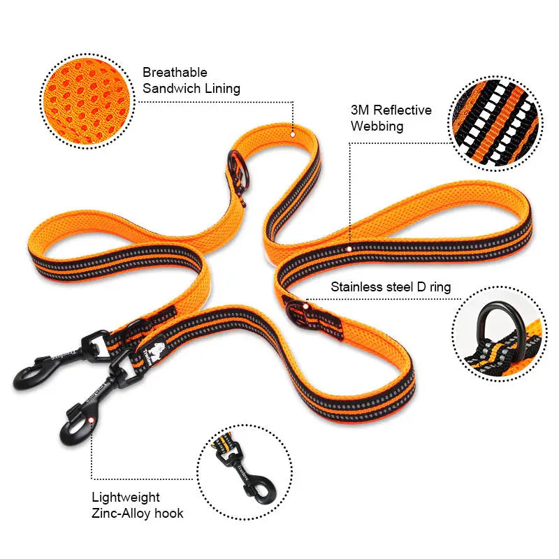 7-in-1 multi-function hands-free dog leash - reflective, walk 2 dogs