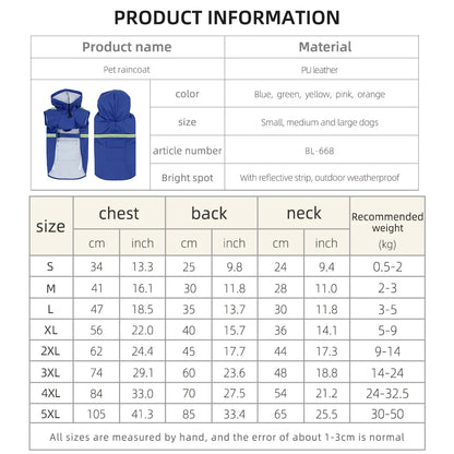 Large Dog Waterproof Hooded Raincoat Reflective Windproof Cloak Style