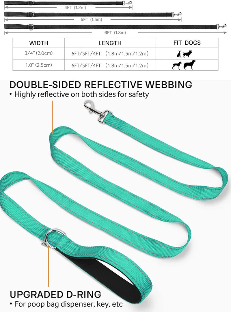 reflective nylon dog leash with comfortable handle for night walks