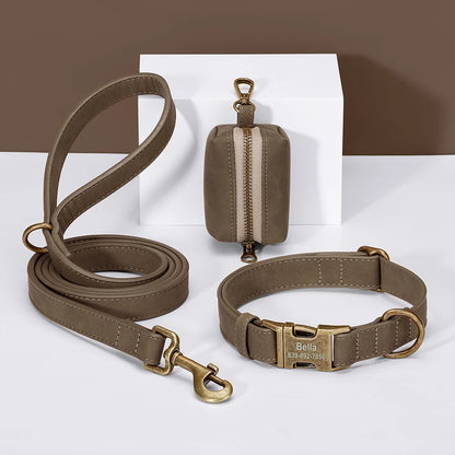 Personalized Vintage PU Leather Dog Collar & Leash Set with Poop Bag