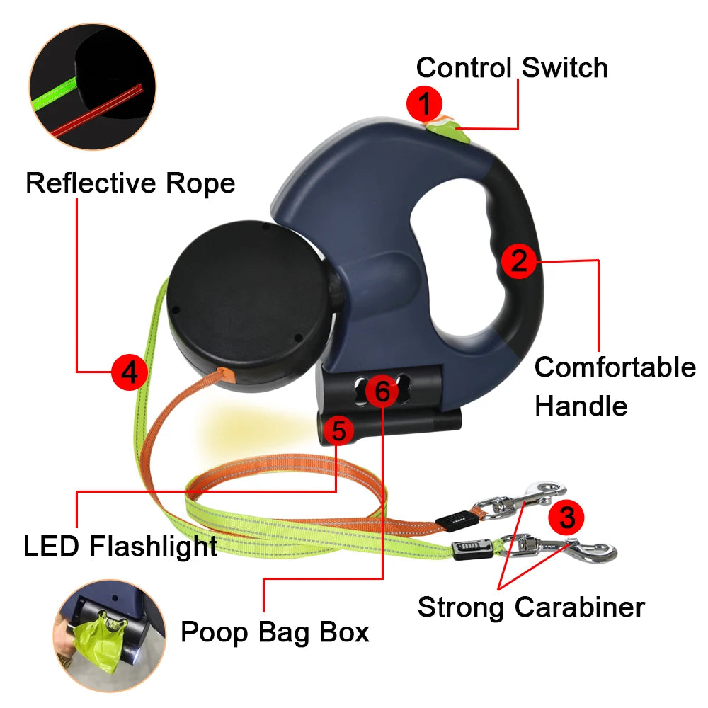 retractable double dog leash 3m reflective no-tangle with led lights