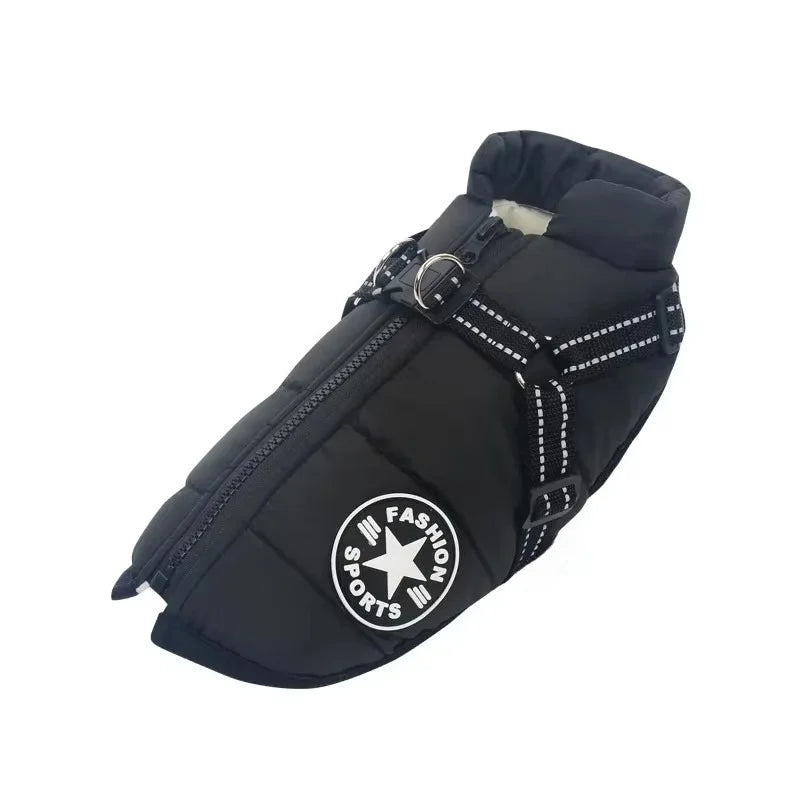 winter dog jacket with built-in harness – warm splash-proof coat
