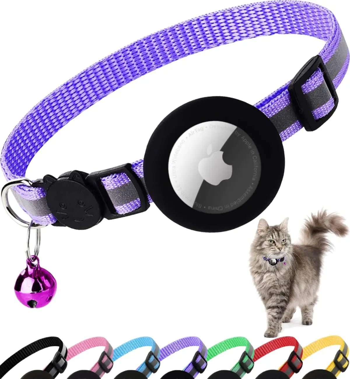 reflective cat collar with bell - breakaway airtag holder for cats
