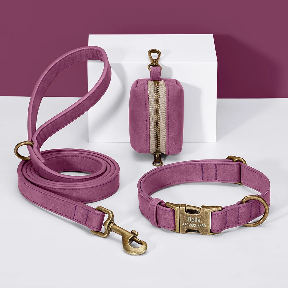 personalized vintage pu leather dog collar & leash set with poop bag